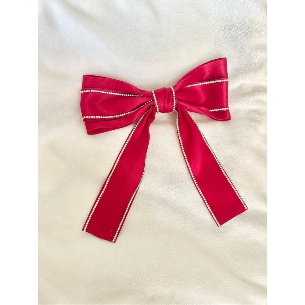 Christmas holiday red satin bow with rhinestone trim - with Barrett clip close - - Picture 3 of 4